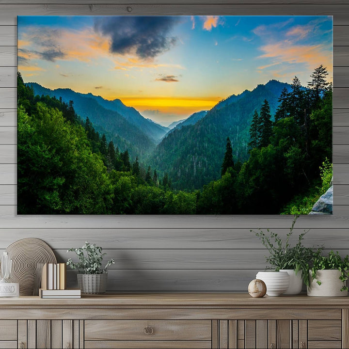 The Glamorous Landscape Canvas Wall Art is featured in the dining room.