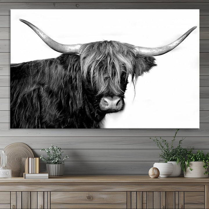 The Black and White Highland Cow Multi Panel Wall Art Canvas Print with UV-protection hangs prominently.