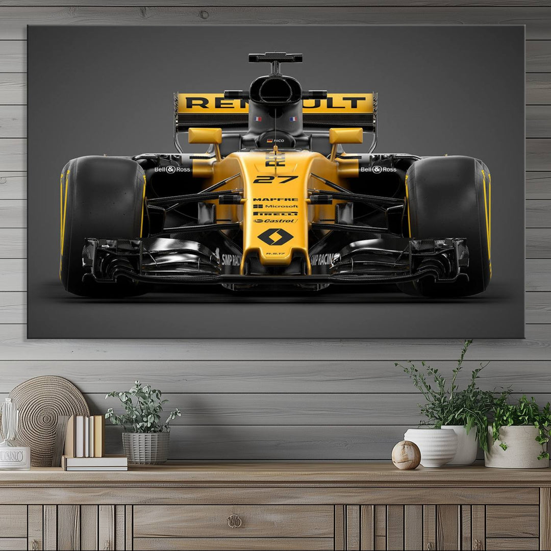 A yellow and black F1 Renault car canvas print with free shipping.