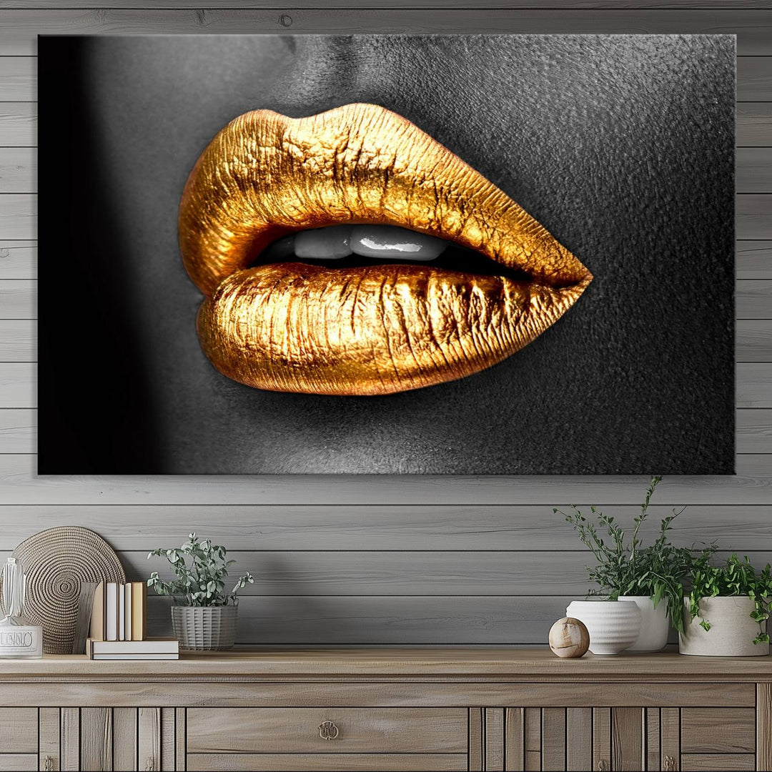 The Gold Lips Canvas Wall Art on a black background is showcased.