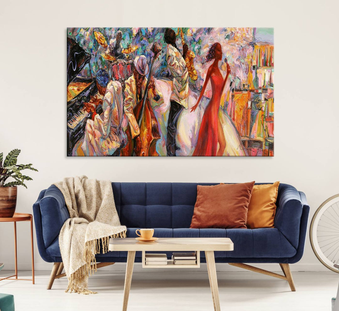 The Abstract Afro American Jazz Canvas captures a vibrant jazz band and showcases a woman dancing in red, making it perfect for dining or music spaces.