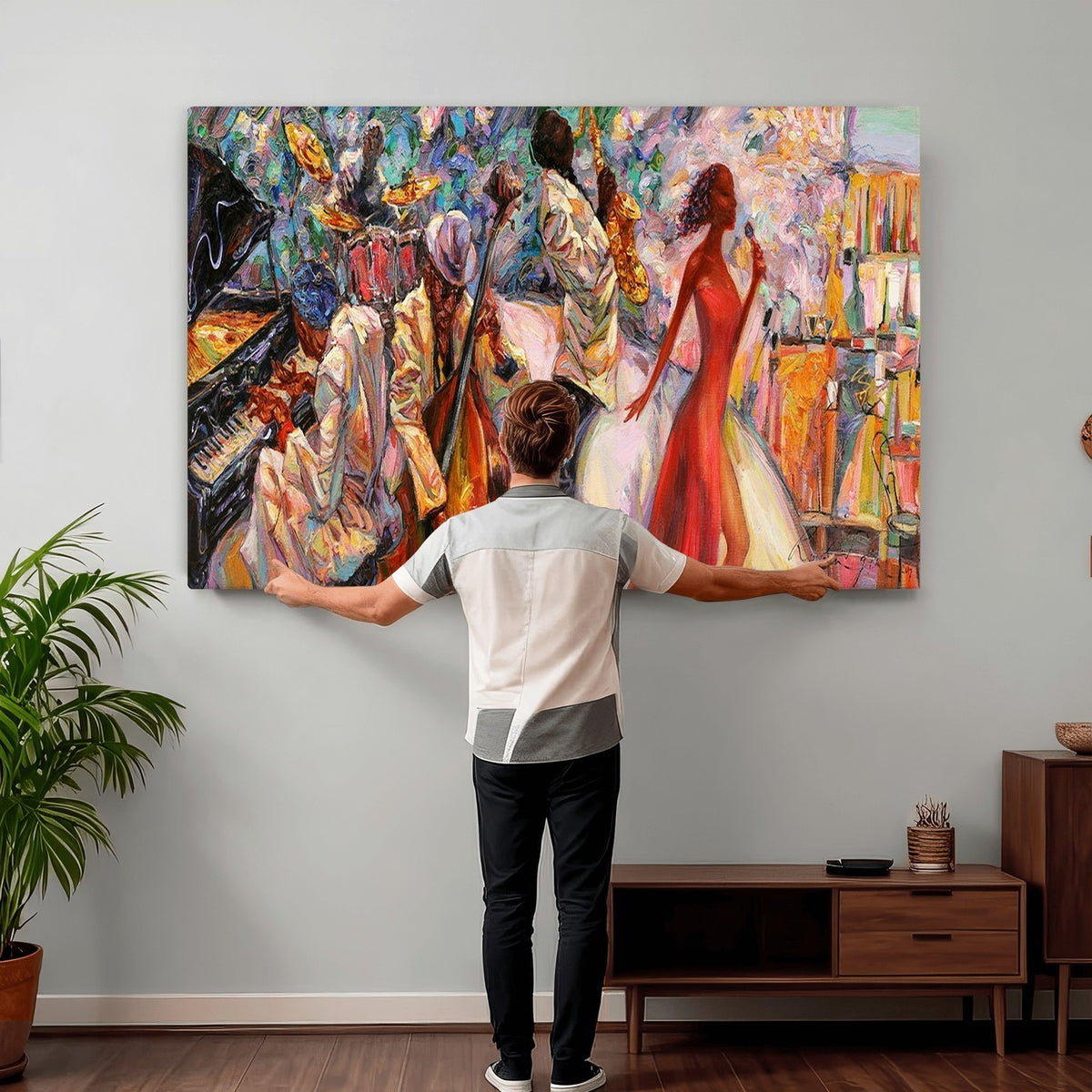 40574-_Poster-30x20 - Afro American Jazz Band Canvas Wall Art | 3 Panel Music Studio Decor