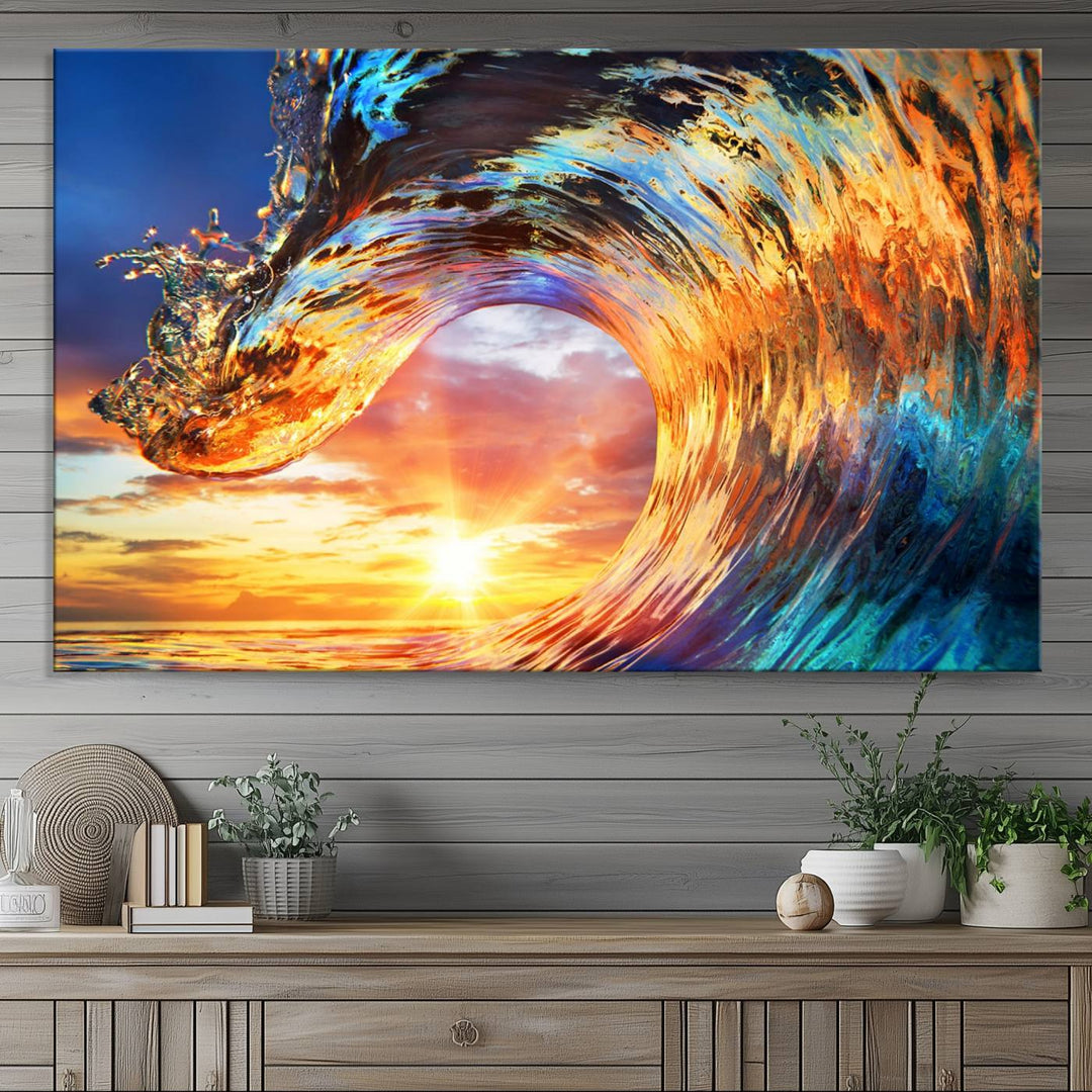 Wave Canvas Wall Art: A multi-panel sunset ocean scene that adds vibrant decor to any space.