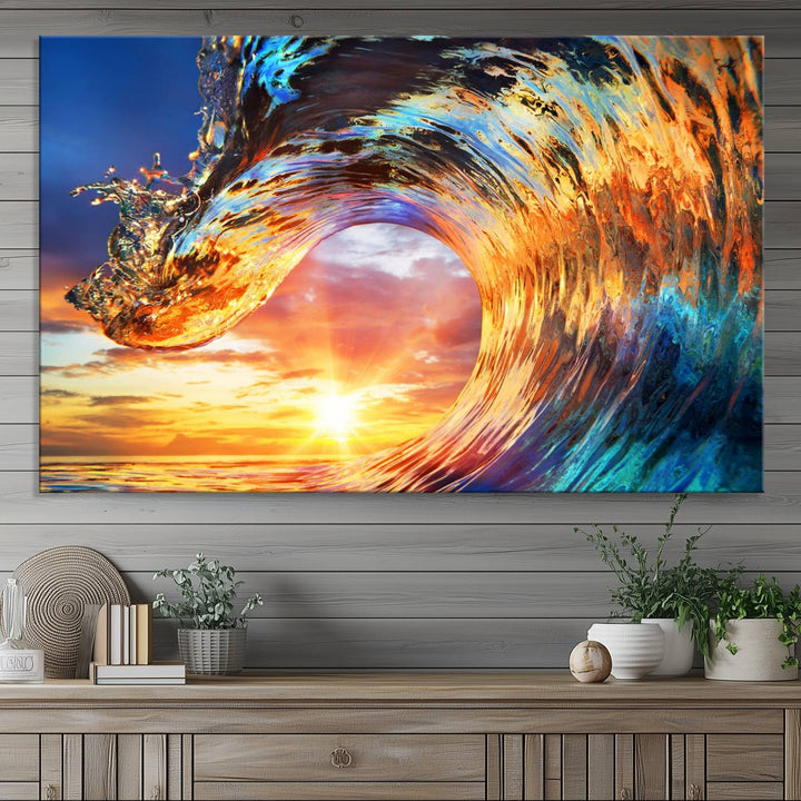 Wave Canvas Wall Art: A multi-panel sunset ocean scene that adds vibrant decor to any space.