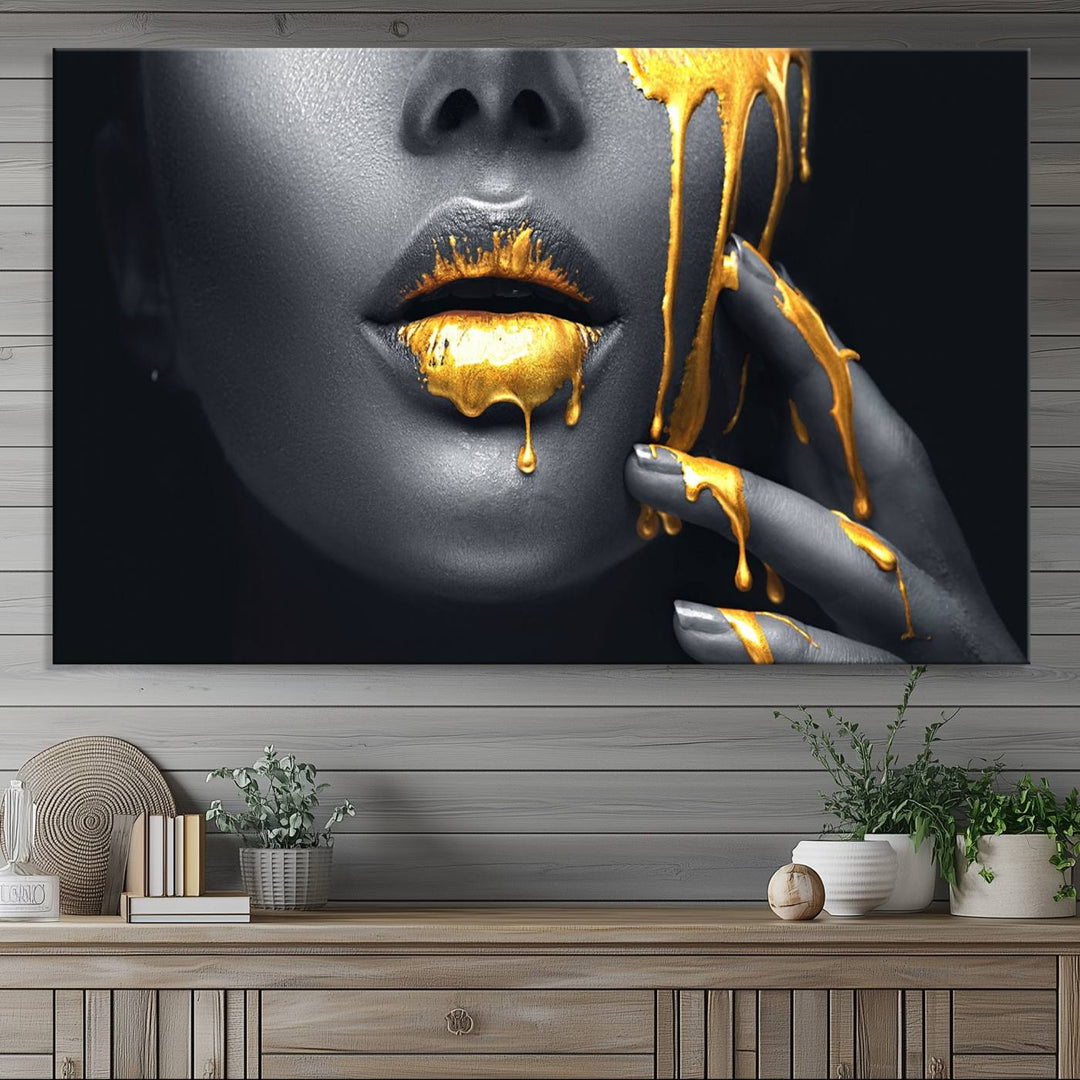 Above the dining area is the Gold Glitter Lips Fashion Makeup canvas wall art.