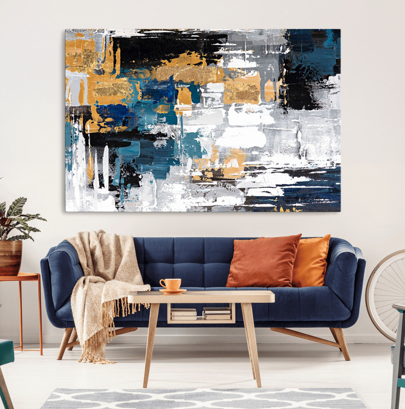 57708-MGV-CV-36X24-Blue and Gold Abstract Canvas Wall Art – Triptych Modern Painting for Living Room – Framed and Ready