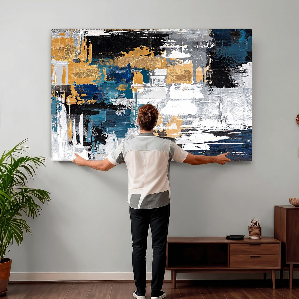 57708-_Poster-30x20 - Blue and Gold Abstract Canvas Wall Art | Triptych Modern Art Print