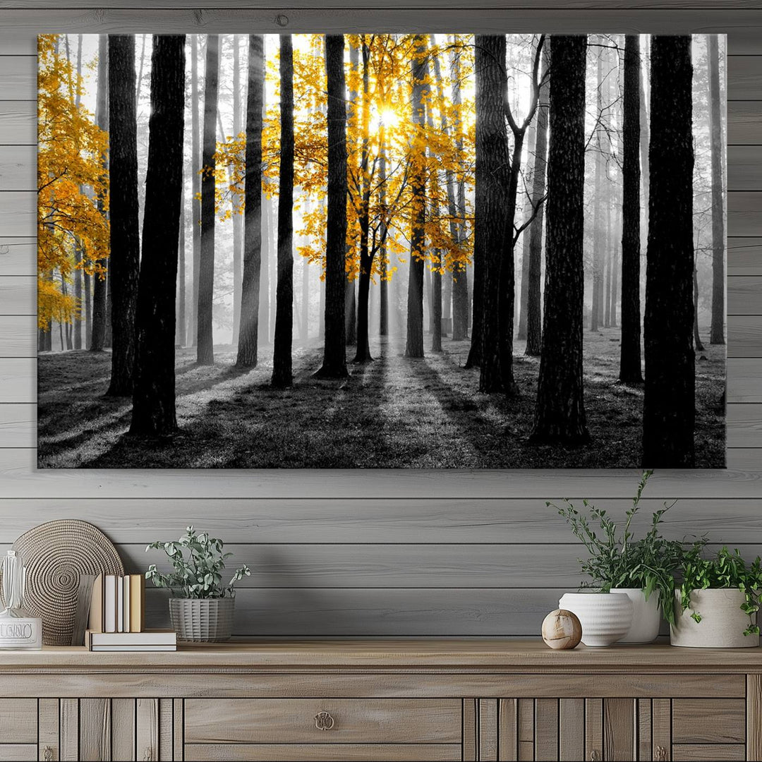 Nature Misty Foggy Autumn Forest Wall Art Print displayed above a modern dining room.