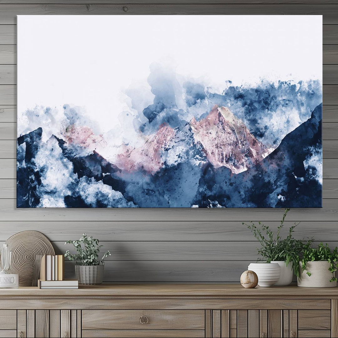 A modern kitchen showcases an Abstract Watercolor Mountain Landscape Art Canvas Print.