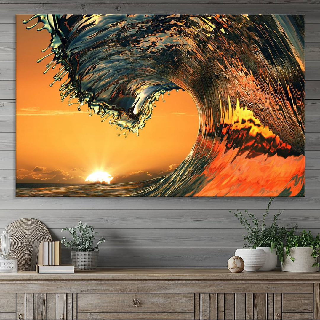 The Ocean Wave With Perfect Sunset canvas wall art adds a striking focal point to the room.