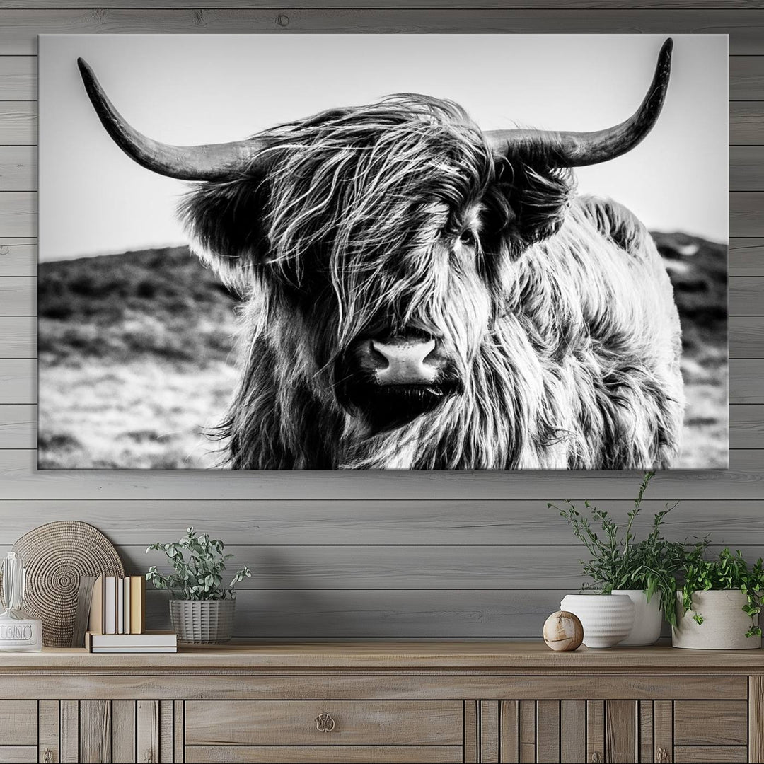 A Black and White Scottish Cow Canvas Print adorns the kitchen wall, perfect for farmhouse decor.