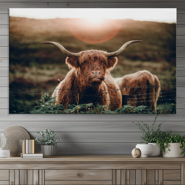 A Highland Cow Animal Canvas Wall Art, featuring a grassy field, is displayed on the wall.