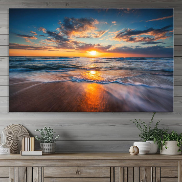 A museum-quality Beautiful Sunset over the Horizon canvas adorns the living room wall.