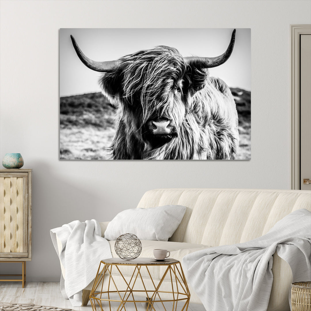 Highland Cow Wall Art | 3-Panel Black and White Highland Cow Canvas Print for Western Farmhouse Decor