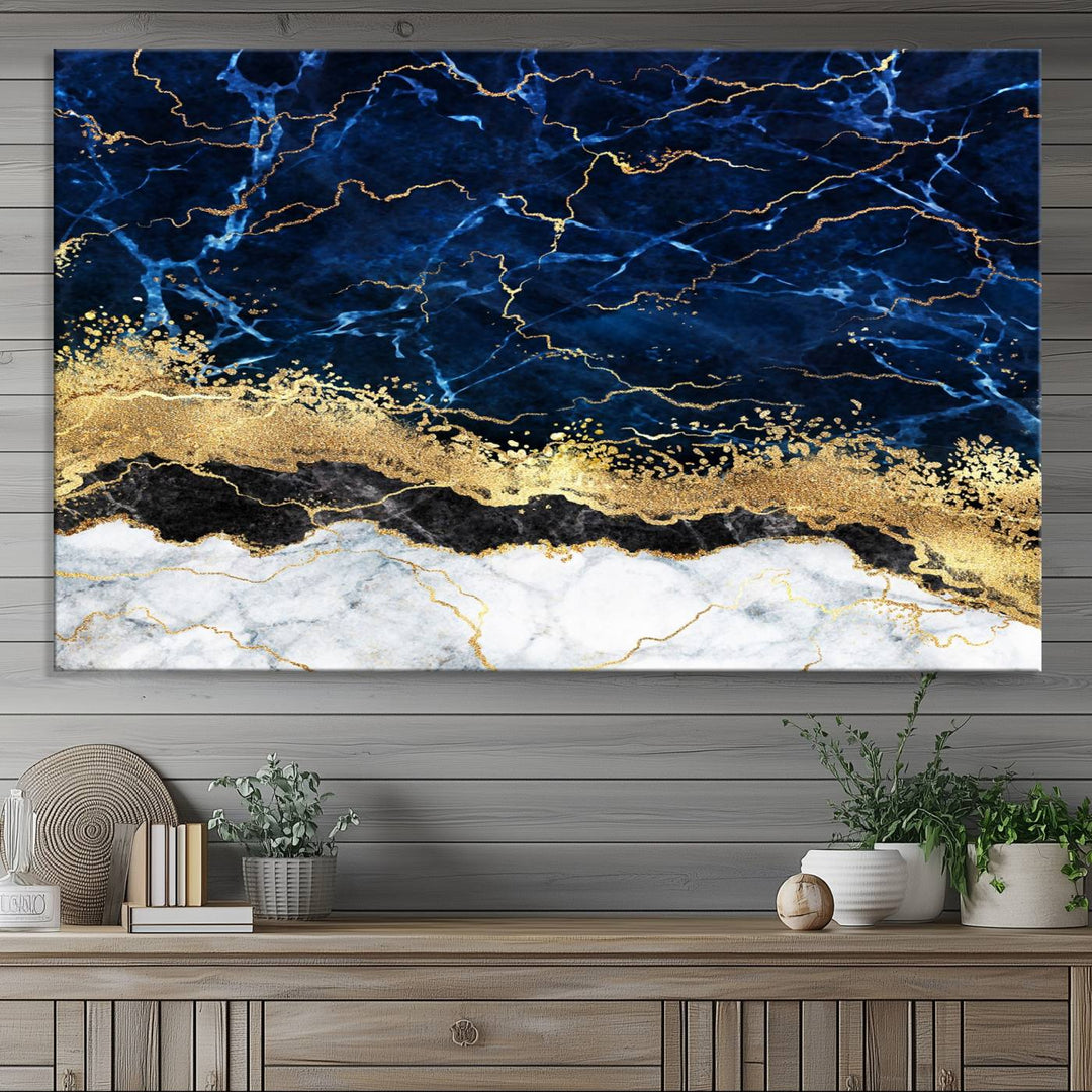 Navy Blue Marble Fluid Effect Canvas Wall Art, featuring a gold and white abstract design, adds a finishing touch to your modern kitchen decor.