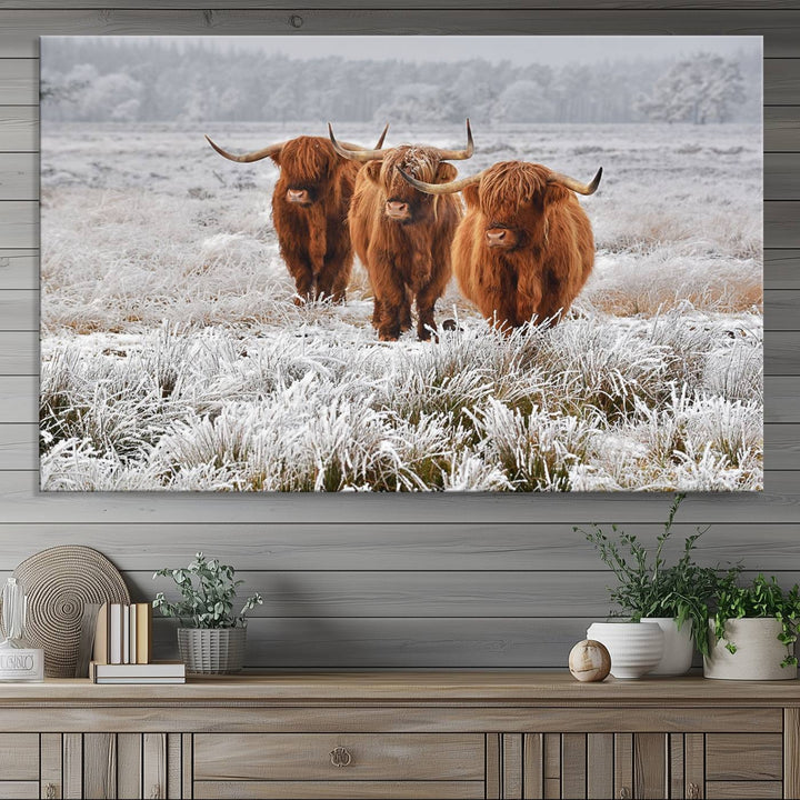 The Highland Cows in Snow canvas showcases three cattle in a frosty field.