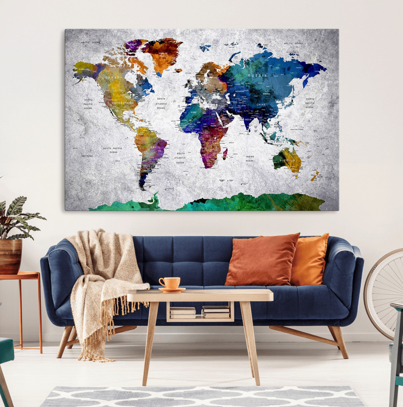 26840-MGV-CV-36X24-Push Pin World Map Canvas Print – Framed Travel Tracker Wall Art for Couples, Anniversary Gift and Modern Home Decor