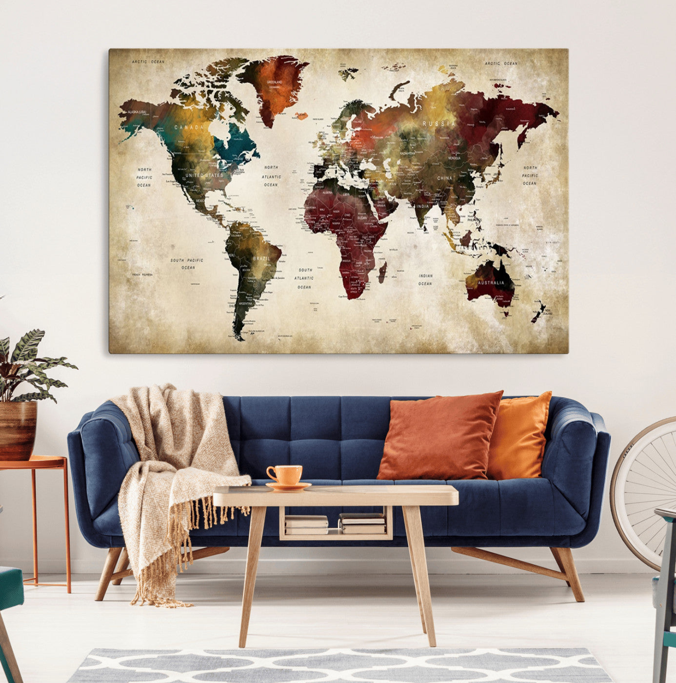 -Large World Map Wall Art Canvas Print, Framed Push Pin Map Art Picture Print, Abstract Traveller Map Perfect Modern Decor Artwork