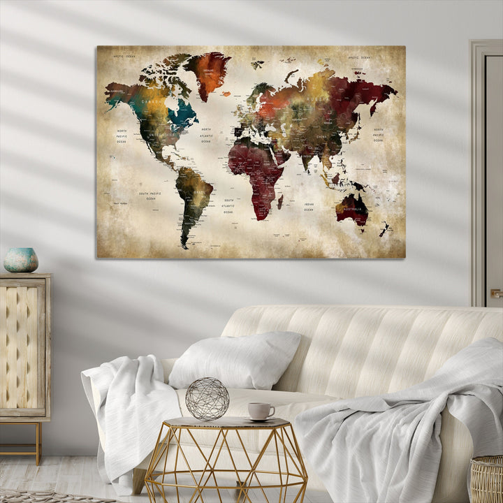 Large World Map Wall Art Canvas Print, Push Pin Map Print, Framed Abstract Traveller Map Art Print, Large Watercolor World Map Printing Perfect for Modern Decor