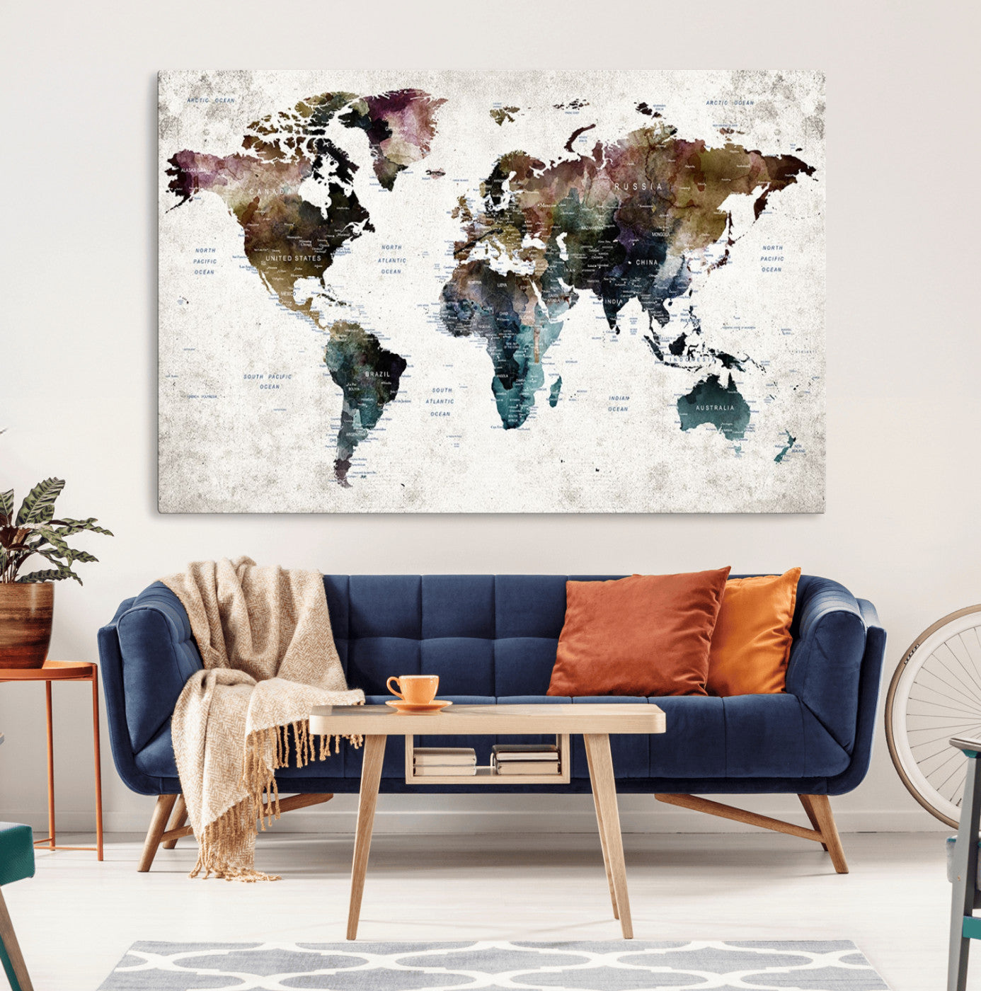 42478-MGV-CV-36X24-Push Pin World Map Canvas Print – Framed Travel Map Wall Art for Couples, Anniversary Gift, Modern Home or Office Decor