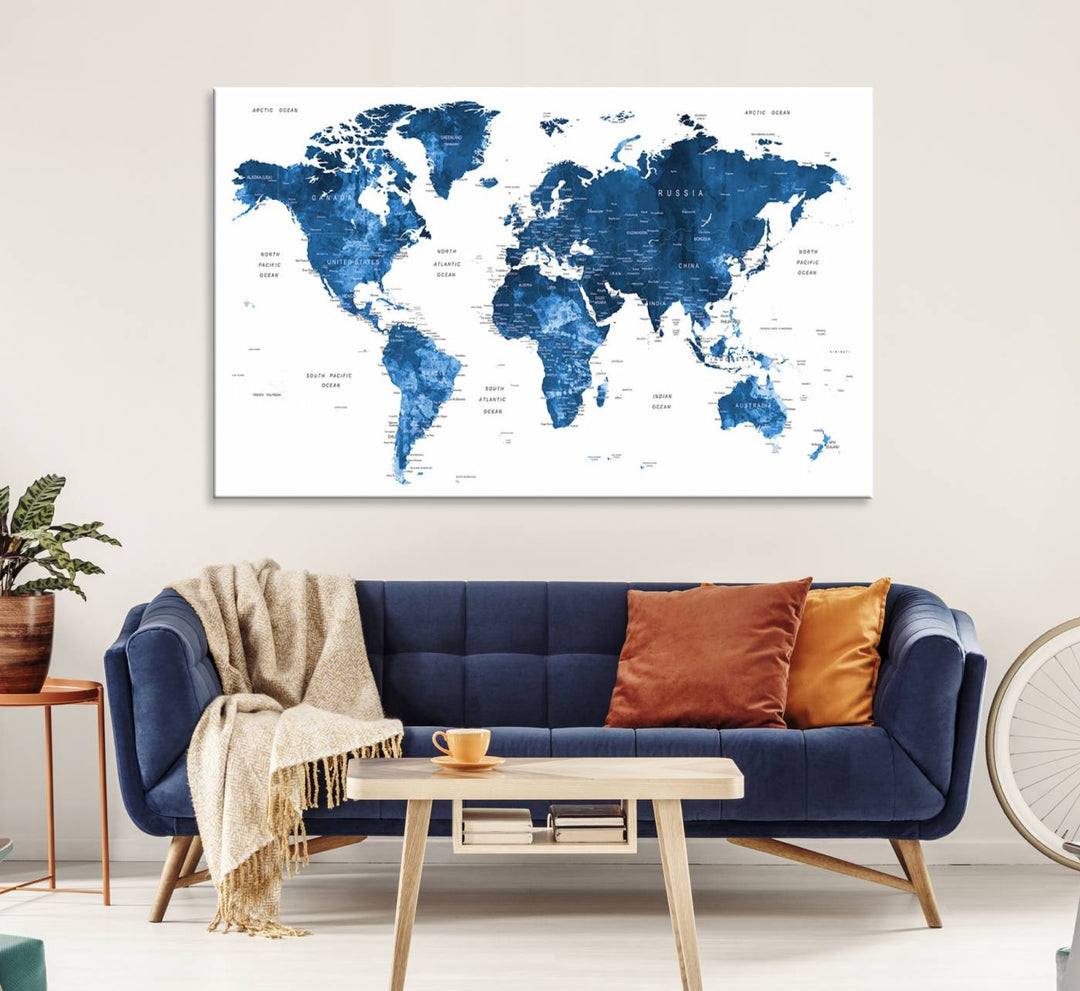 Navy Blue Wall Art World Map Canvas Print, an ideal piece for anyone seeking unique home or office decor.