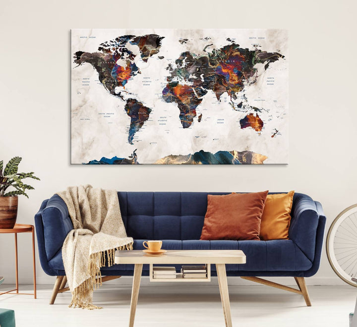 Watercolor World Map Canvas Print in earthy hues with a grunge background, ideal for wall decor.