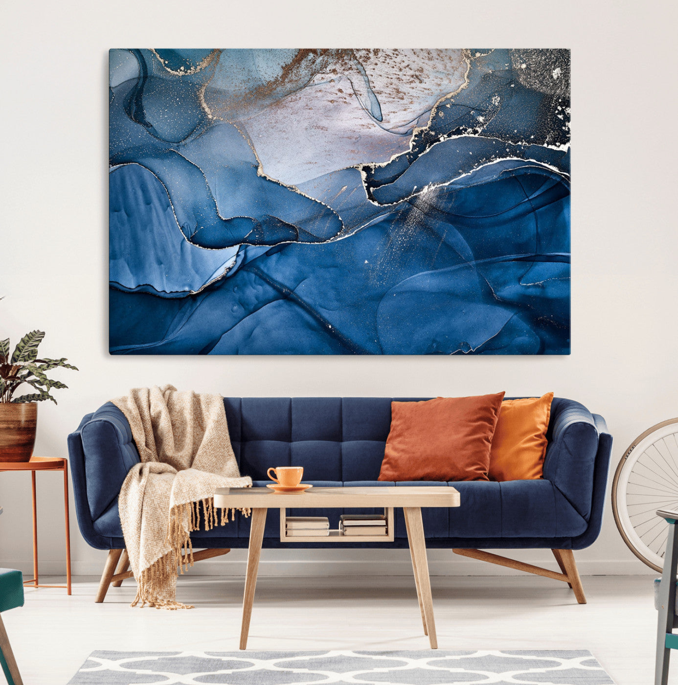 MGV-CV-36X24 - Navy Blue Canvas Art Abstract Print – Elegant Triptych Modern Art Print – Contemporary Decor for Living Room or Office – Ready to Hang