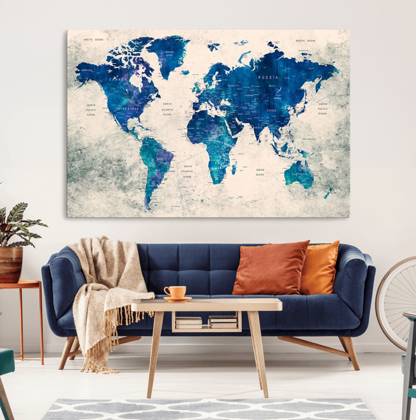 43947-MGV-CV-36X24-Blue Watercolor World Map Canvas Print – Framed Modern Wall Art, Elegant Push Pin Travel Map Decor for Home Office or Living Room