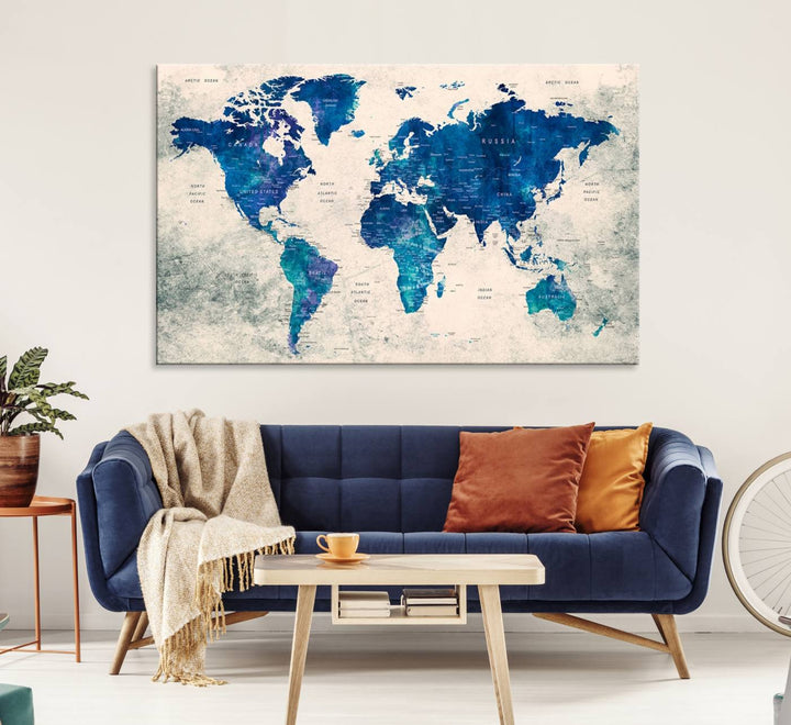 Navy Blue Push Pin World Map Canvas Print featuring a grunge-stained background, with labeled countries and oceans.