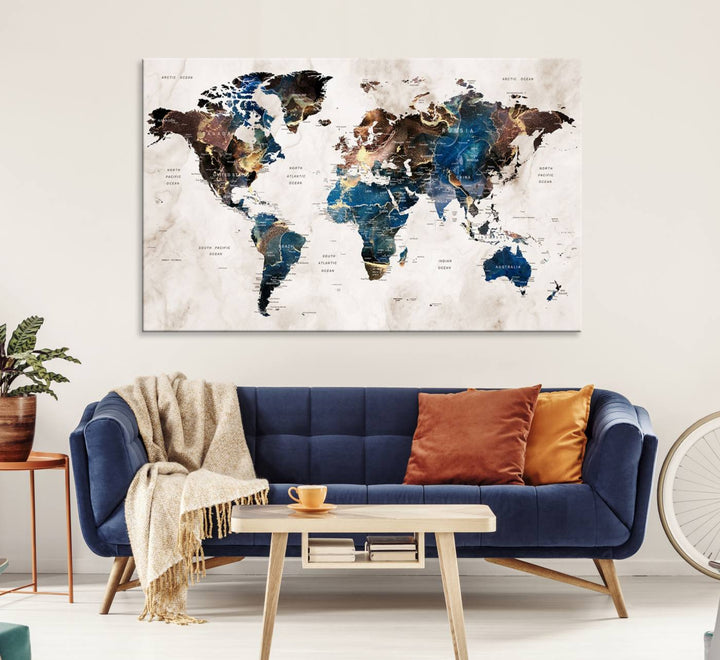 Abstract earth-toned 3-panel world map wall art featuring blues and browns, ready to hang; it showcases continents on modern canvas.