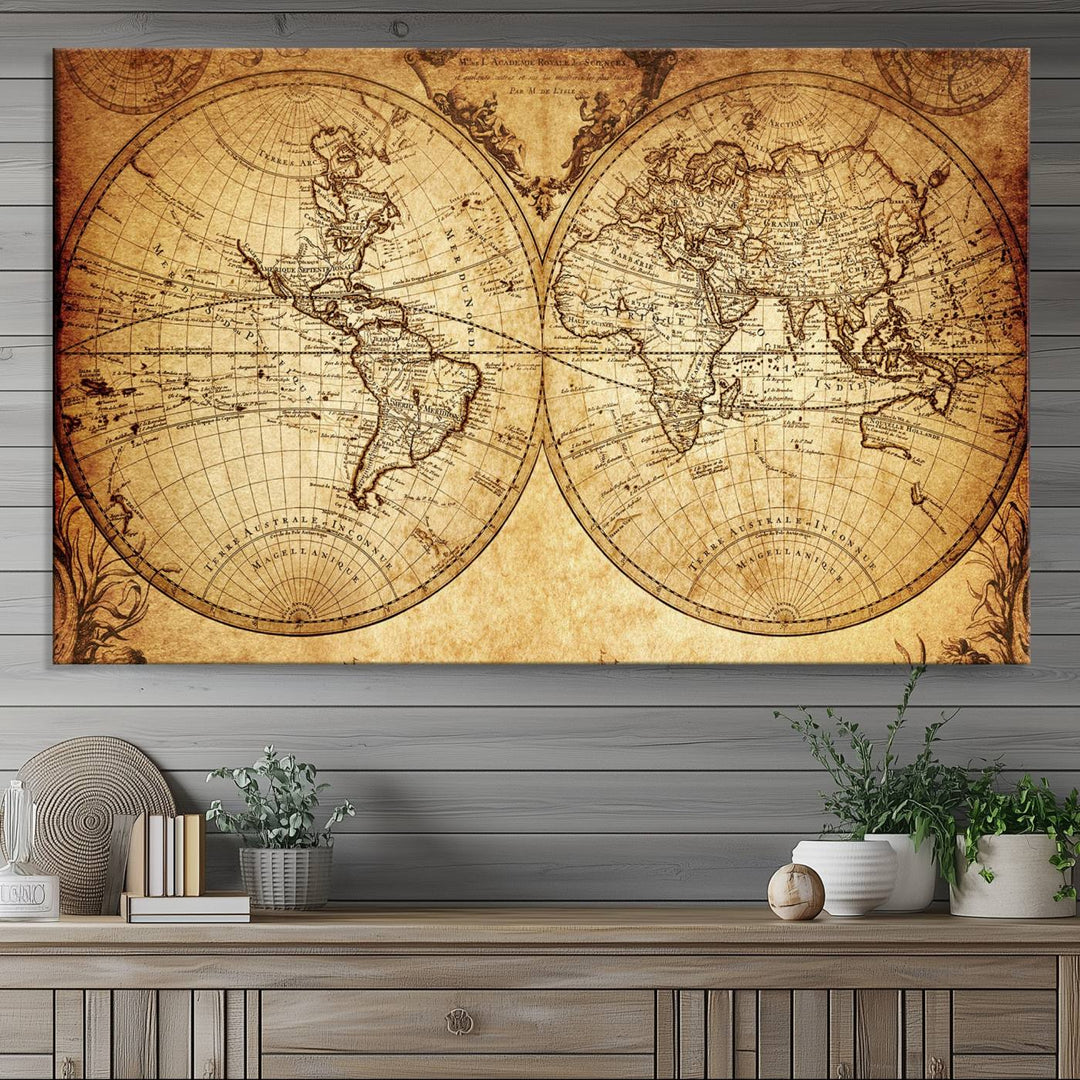 Vintage World Map Wall Art | 3-Panel Canvas Print for Living Room, Office, or Study | Giclee Canvas with Antique Design