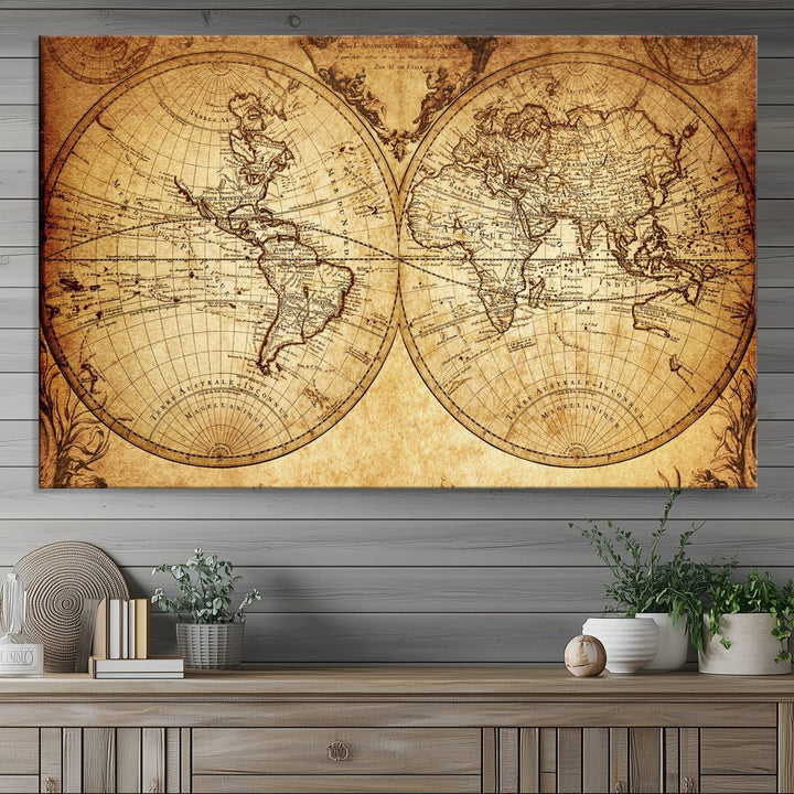 Vintage World Map Wall Art | 3-Panel Canvas Print for Living Room, Office, or Study | Giclee Canvas with Antique Design