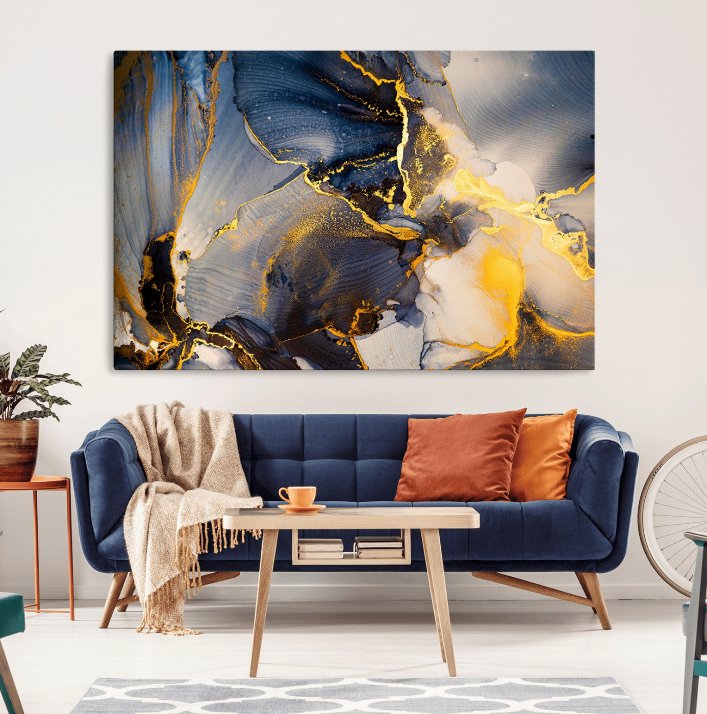 42100-MGV-CV-36X24-Large Abstract Wall Art Print - Gold and Blue Abstract Canvas Wall Art | Fluid Ink Modern Luxury