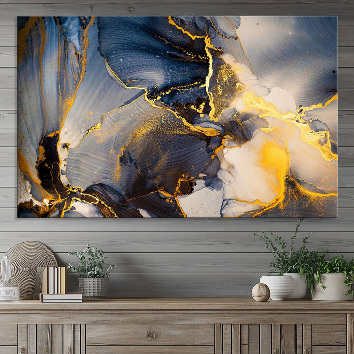 Large Abstract Wall Art Print - Gold and Blue Abstract Canvas Wall Art | Fluid Ink Modern Luxury Wall Decor for Living Room Decor