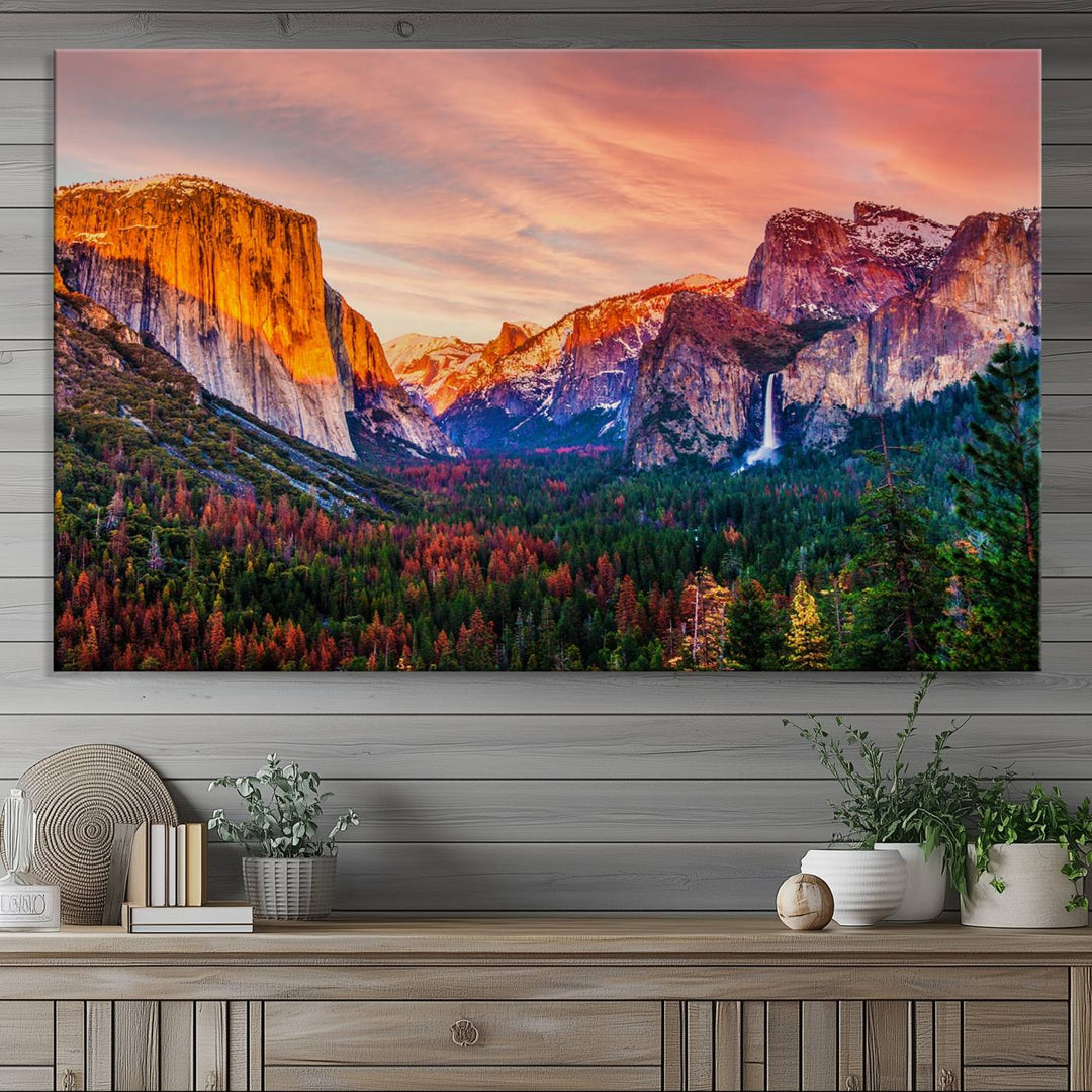 An El Capitan Yosemite Canvas showcasing a sunset over a mountain valley.