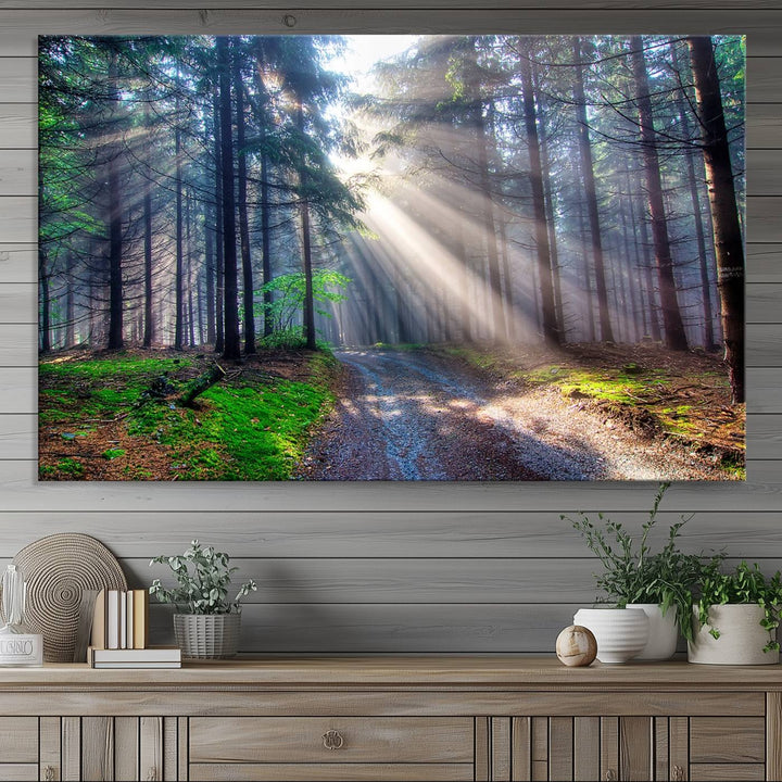 The dining area features a 3-panel Forest Path Canvas showcasing sun rays filtering through a misty forest.