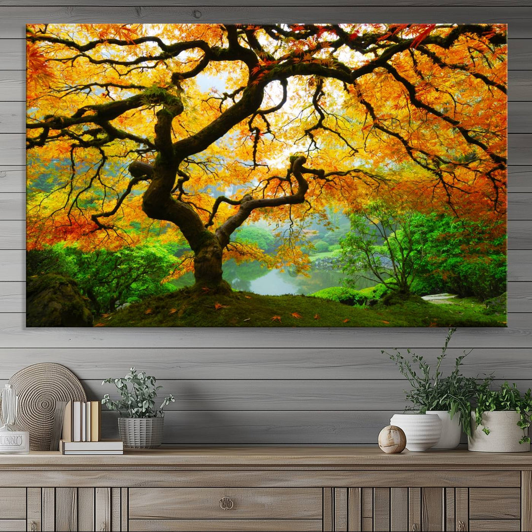 The Portland Japanese Maple Tree Canvas adds elegance to a modern living room.