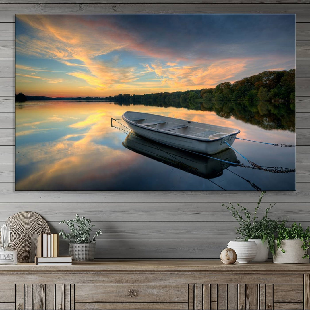 Serene Rowboat on Calm Lake Triptych Canvas Art, Giclee Wall Art of Peaceful Sunset Reflections, Tranquil Landscape Wall Art for Home or Office