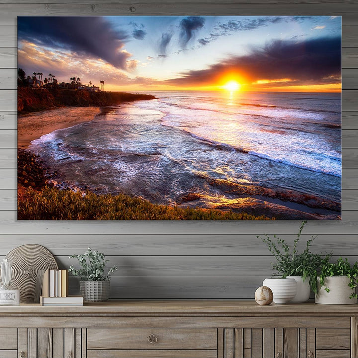 California Coastline Sunset Canvas Art, Ocean Waves Crashing on Cliffs, Giclee Canvas Print for Beach House Decor