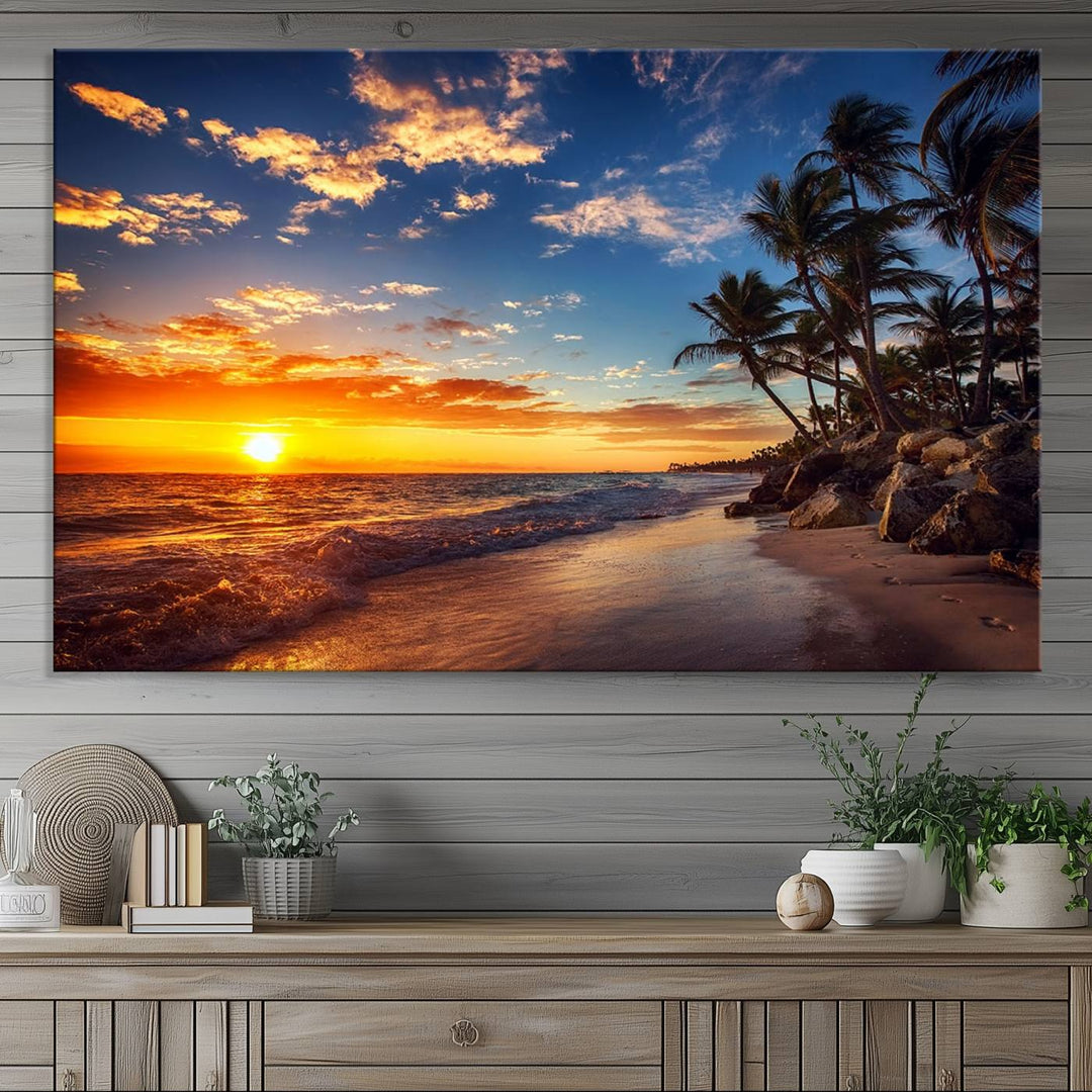 Tropical Beach Sunset Canvas Art, Palm Trees and Ocean Waves Wall Art, Giclee Print for Coastal Home Decor