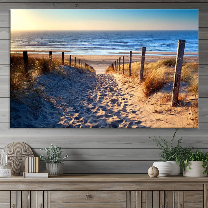 Tropical Beach Sunset Canvas Art, Ocean Waves and Sandy Shoreline Wall Art, Large Beach Decor for Coastal Homes