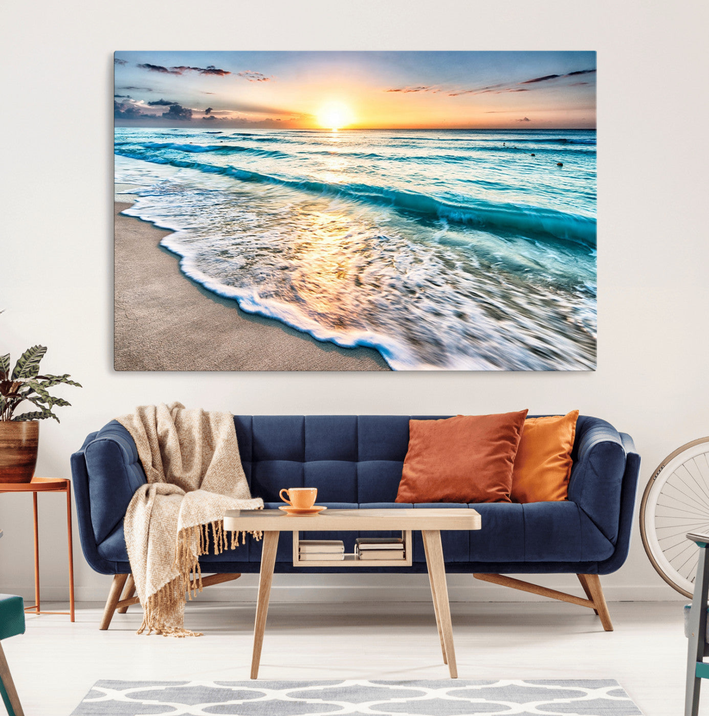 27815-MGV-CV-36X24-Sunset Beach Waves Canvas Wall Art – 5-Panel Ocean Sunset Print – Coastal Decor for Living Room or
