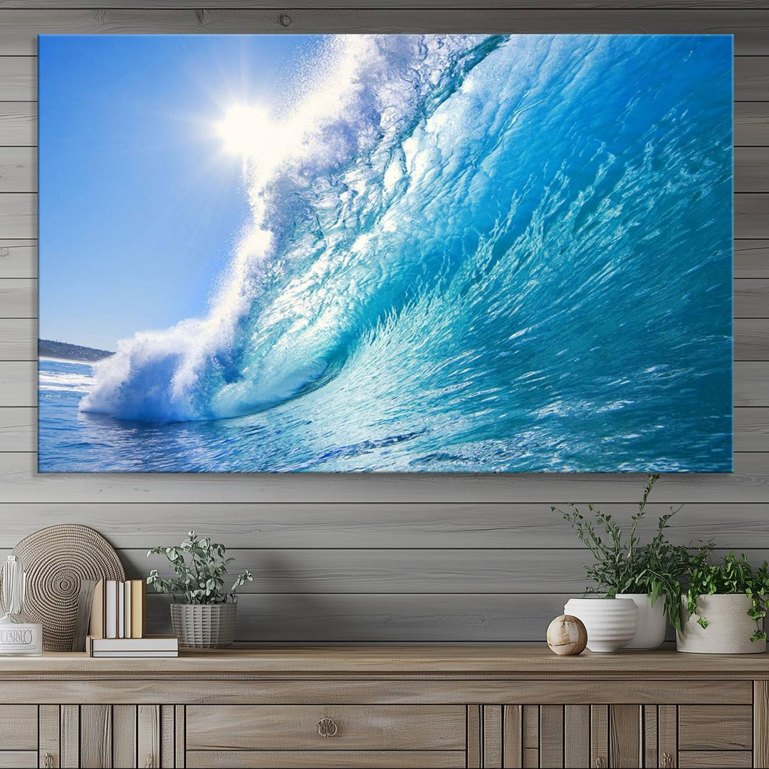 Blue Big Wave Surf Ocean Canvas Wall Art Artwork Print, Art mural de plage, Art de mur de mer