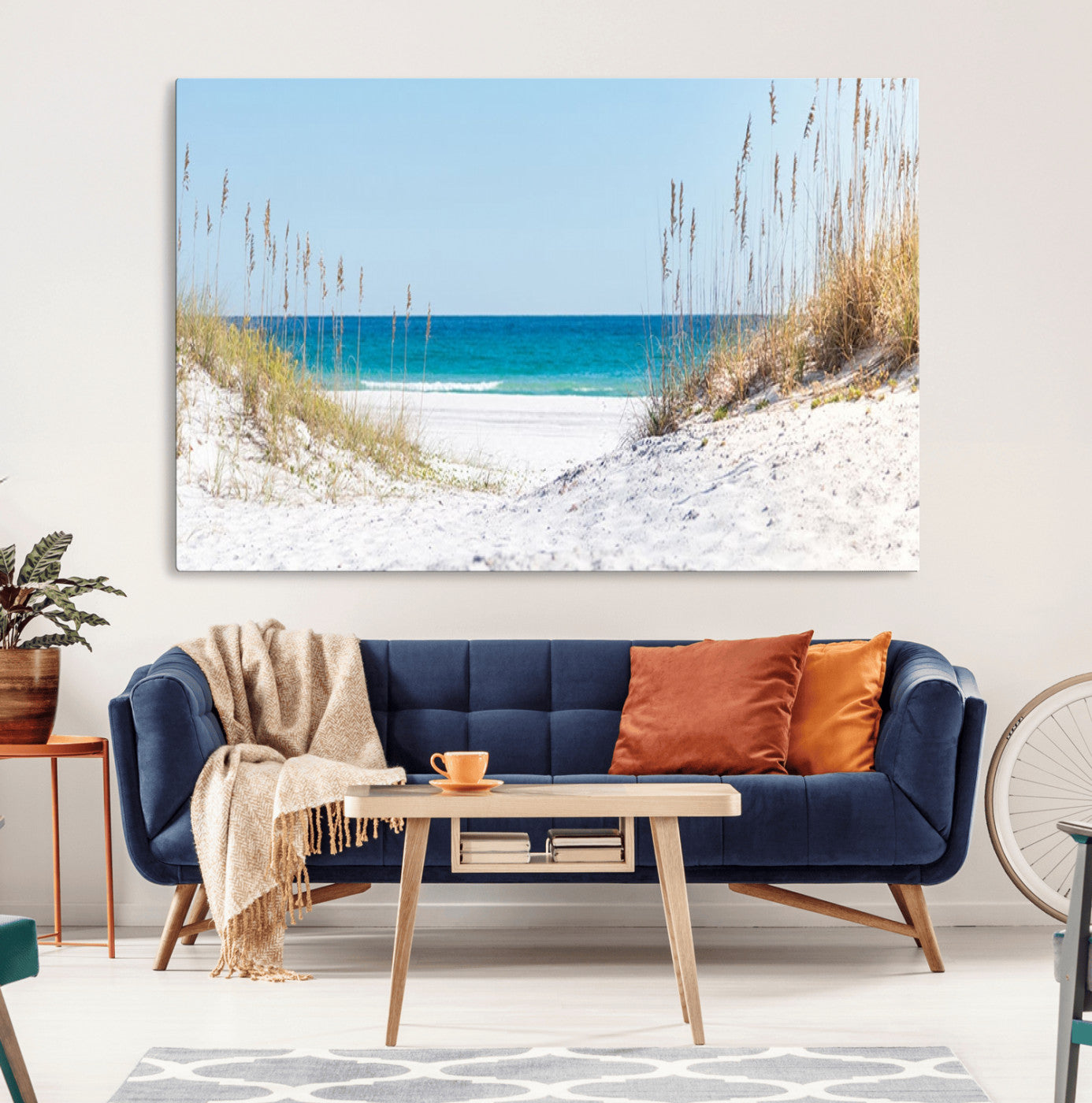 58498-MGV-CV-36X24-Serene Coastal Dune Path with Ocean View, 3-Panel Beach Canvas Wall Art, Tranquil Seascape Giclee