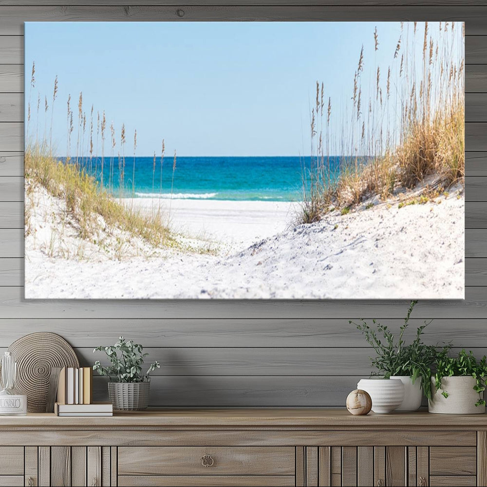 Serene Coastal Dune Path with Ocean View, 3-Panel Beach Canvas Art; tranquil seascape for coastal decor.