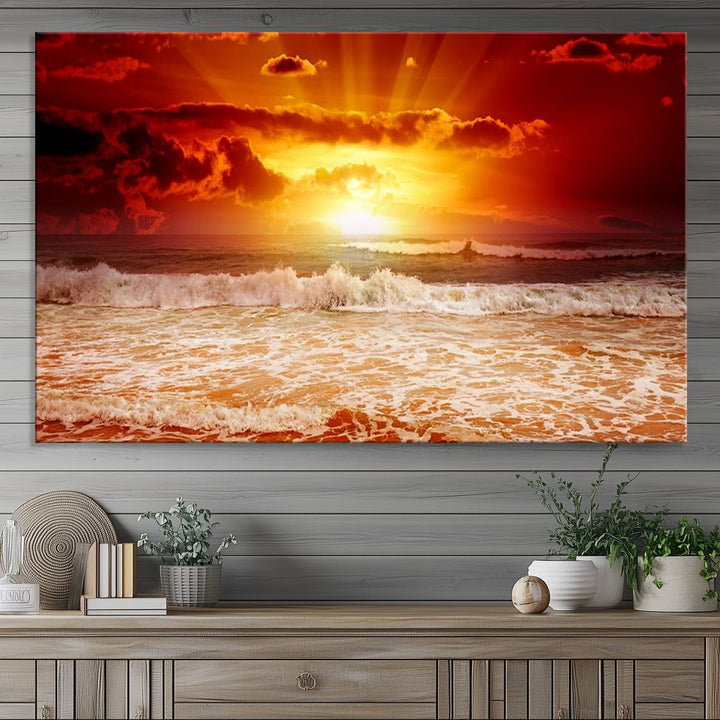 The Red Sunset Ocean Beach Canvas depicts ocean waves.