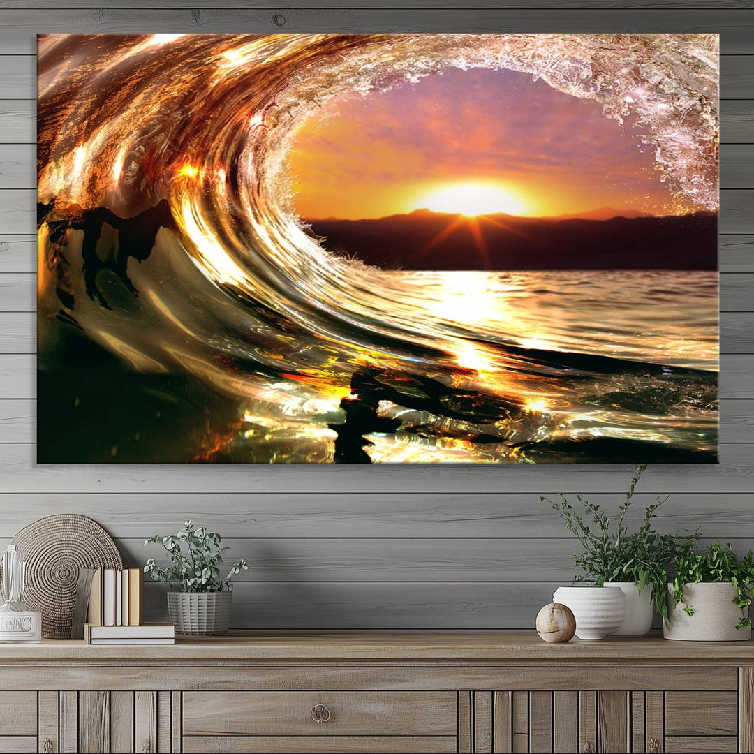 The Golden Wave Sunset Triptych Canvas Art showcases an ocean wave at sunset, casting warm light.