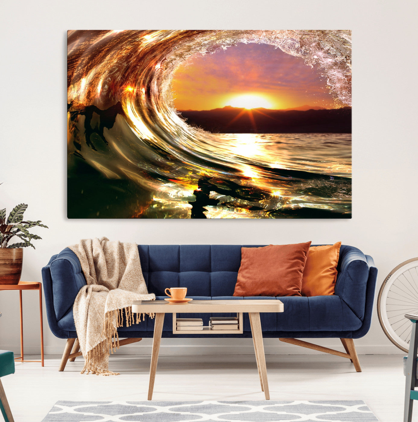 MGV-CV-36X24 - Golden Wave Sunset Triptych Canvas Art, Giclee Canvas Print of Ocean Wave and Sunset, Canon Print Quality with Gallery Wrap