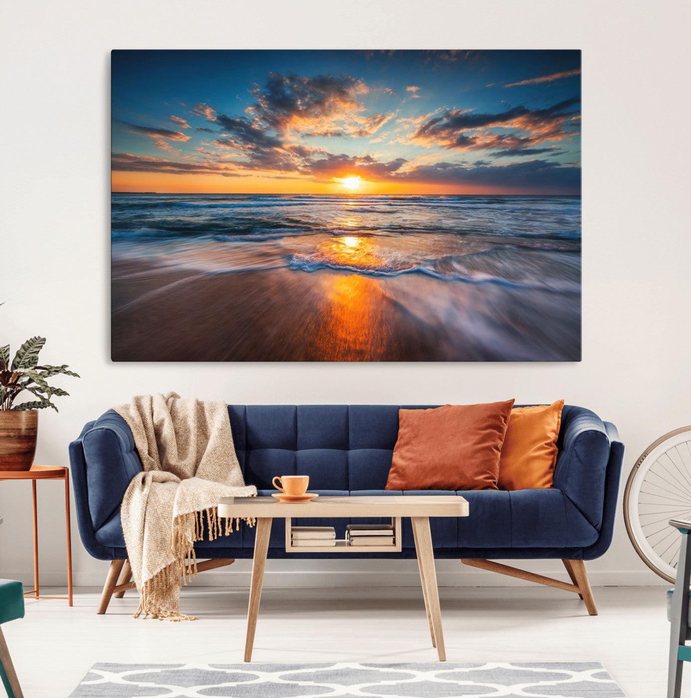 MGV-CV-36X24 - Sunset on the Ocean Beach with Waves, Reflections on Sand, Coastal Wall Art Print, Beach Wall Art, Ocean Sunset Canvas, Seascape Giclee Canvas Print