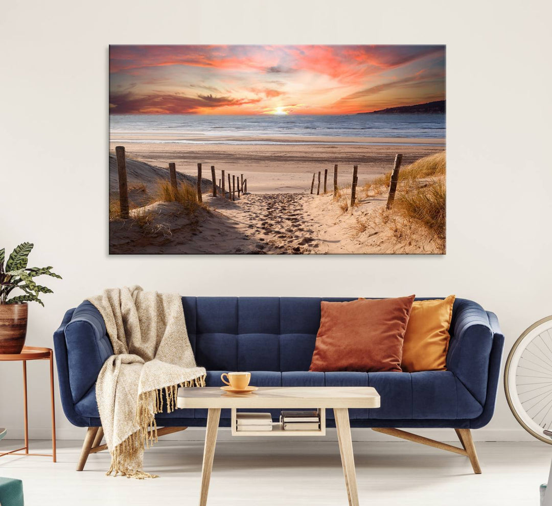 The Sunset on the Sea Wall Art Canvas Print beautifully captures a beach sunset and waves, enhanced with a UV-protective coating.